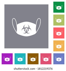 Face mask with biohazard symbol flat icons on simple color square backgrounds