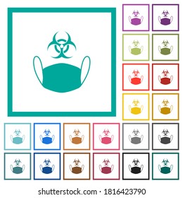 Face mask and biohazard symbol flat color icons with quadrant frames on white background