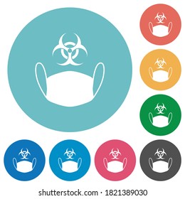 Face mask and biohazard symbol flat white icons on round color backgrounds