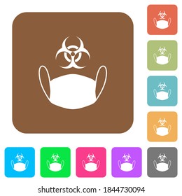 Face mask and biohazard symbol flat icons on rounded square vivid color backgrounds.