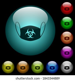 Face mask with biohazard symbol icons in color illuminated spherical glass buttons on black background. Can be used to black or dark templates