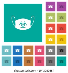Face mask with biohazard symbol multi colored flat icons on plain square backgrounds. Included white and darker icon variations for hover or active effects.