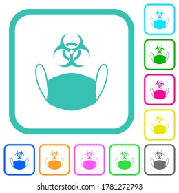 Face mask and biohazard symbol vivid colored flat icons in curved borders on white background