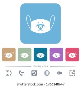 Face mask with biohazard symbol white flat icons on color rounded square backgrounds. 6 bonus icons included