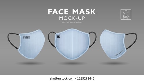 Gesichtsmaske mit blauem Stoffmuster nach oben, Vorderseite und Seite, realistisches Template-Design einzeln auf weißem Hintergrund, Eps10 Vektorgrafik