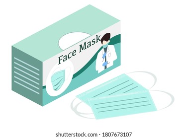 Face mask of box isometric and piece of face mask outside box.The box have mask logo and presenter on frontside. Face mask have green color.