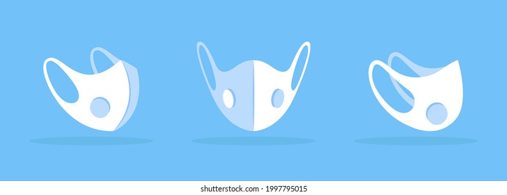 Face mask with breathable vent white mockup. Valve for comfortable breathing. Respirator mask. Face covering with air filter. Modern item clipart. Isolated design template on blue background