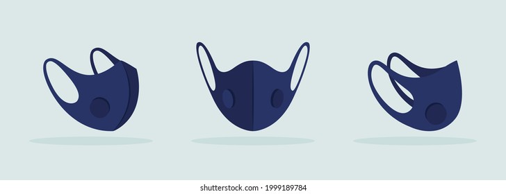 Face mask with breathing valve black mockup. Face covering. Personal health protection. Safe and comfortable to wear. Modern item clipart. Isolated design template on grey background