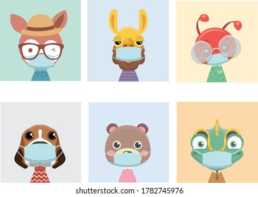 Face Mask Cartoon Animal Illustration.
