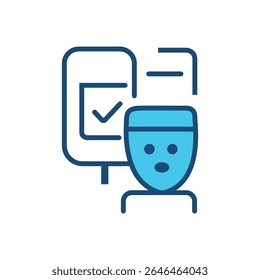 Face Mask Check Icon, Health Screening Symbol, Safety Compliance Line Illustration, Editable stroke vector icon showing a person wearing a medical face mask with a check mark board in the background. 