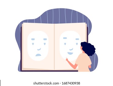 Face mask. Depression problem, smile sad faces. Girl choose emotion, personality loss. Fake happy character. Female change individual, psychology or theater actress vector concept