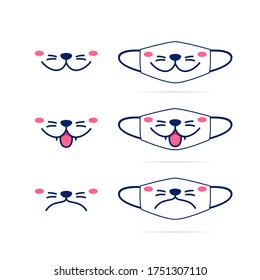 Face Mask Design With Cute Cat Dog Pet Animal Mouth Face Graphic Illustration