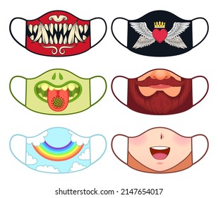 Face mask design with cute mouths, monster or child. Vector of funny mask monster and mouth face, creature expression illustration