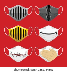 Face Mask Design With Image Of  Gladiator Helmet, Zipper, Safety Pin, Corset, Hand Covering Mouth