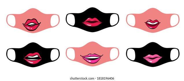 Face mask design. Print design concept on reusable face protection masks. Protective measures from coronavirus and flu. Cartoon faces - lips, smiles. Illustration, vector