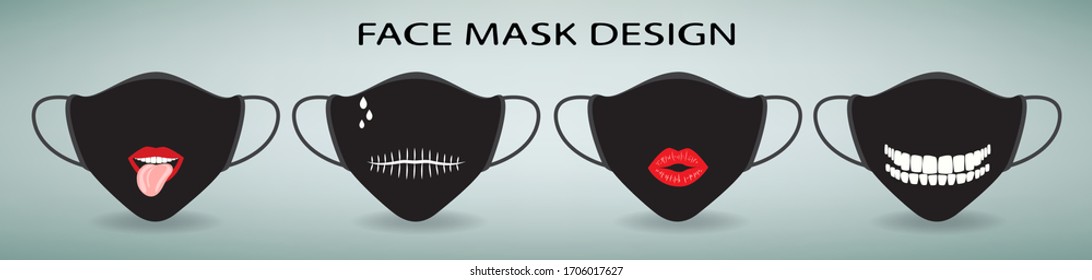 Face mask design. Set of 4 medical masks with print. Lips with tongue, teeth, mouth stitched on a black background. Protective measures from coronavirus and flu. Modern person accessories, vector