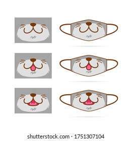 Face mask design set with cute gray cat dog wolf pet animal mouth face graphic illustration