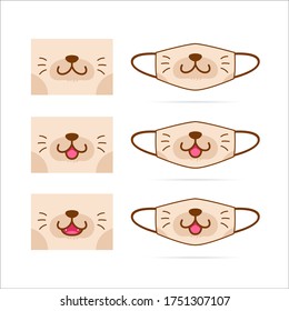 Face Mask Design Set With Cute Brown Cat Dog Pet Animal Mouth Face Graphic Illustration