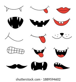 Face mask design. Set of funny mouth masks. Print design concept on reusable face protection masks.  Coronavirus face protection symbol. Smile template for virus protective mask. Vector illustration.