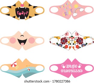 Face mask design. Set of print design concept on reusable face protection masks. Entertainment during coronavirus quarantine. roarr, tiger mouth, everything will be great, mouth, flowers, hug, beach