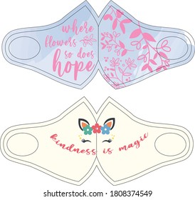 Face mask design. Set of print design concept on reusable face protection masks. Entertainment during coronavirus quarantine.