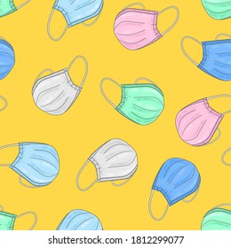 Face mask doodle pattern. Covid-19 coronavirus protection. Medical equipment seamless pattern. Surgical mask background.