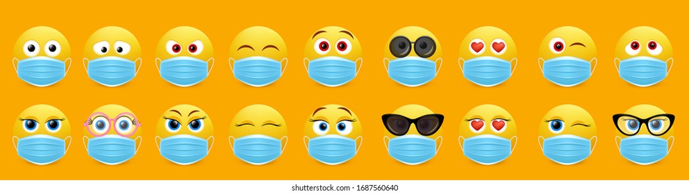 Face mask emoji set, vector isolated illustration. Yellow smile wearing medical mask for social media chat. Cute emoticon characters for electronic comunication. Corona virus disease COVID-19 concept