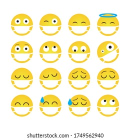 Face mask emoji set, vector isolated illustration. Yellow smile wearing medical mask for social media chat. Cute emoticon characters for electronic comunication. Corona virus disease COVID-19 concept