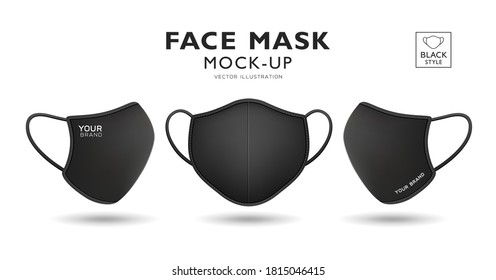 Face mask fabric black color mock up  front and side, realistic template design, isolated on white background, Eps 10 vector illustration