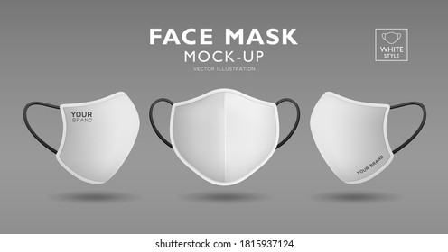 Face Mask Fabric White Color Mock Up Front And Side, Realistic Template Design, Isolated On White Background, Eps 10 Vector Illustration
