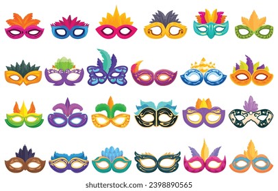 Face mask feathers icons set cartoon vector. Festival costume show. Carnival ornament