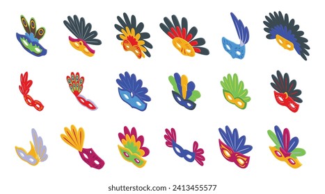 Face mask feathers icons set isometric vector. Carnival show festival. Costume ornament