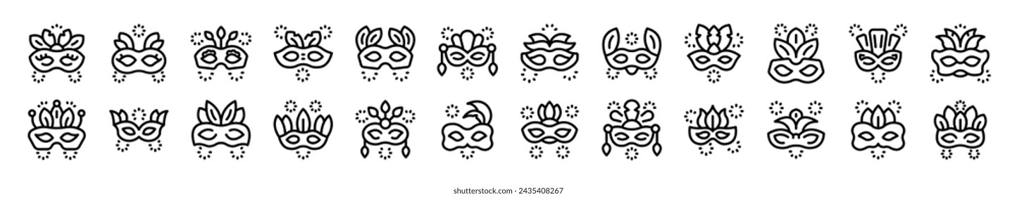 Face mask feathers icons set outline vector. Carnival show festival. Costume ornament