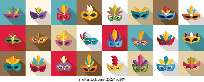 Face mask feathers icons set. This collection showcases a vibrant array of carnival masks, each adorned with intricate designs and colorful feathers