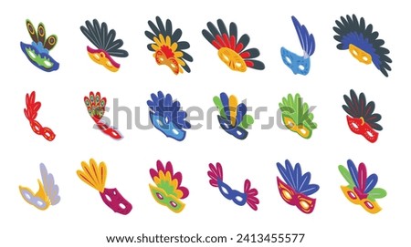 Face mask feathers icons set isometric vector. Carnival show festival. Costume ornament