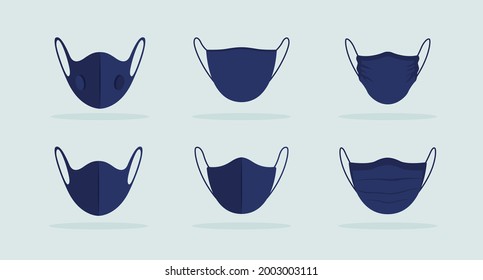 Face mask frontal view black mockup. Breathing safely without restriction. Wearing face covering for public settings. Modern item clipart. Isolated design template on blue-gray background