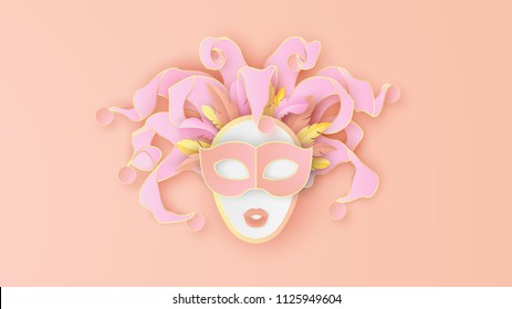 Face mask graphic design in Carnival festival. Jester Mardi Gras Mask design. Venice carnival poster on pastel color. Pastel color. paper cut and craft style. vector, illustration.