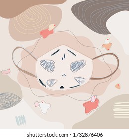 Máscara de cara dibujada a mano en un estilo de arte moderno. Ilustración vectorial dulce creativa con marco de línea. Concepto de Covid-19 
