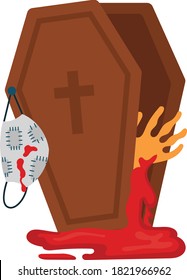 Face Mask is hanging with Vampire Coffin Box Concept, Rest in Peace Dracula Vector Icon Design, New normal Halloween Symbol on White background