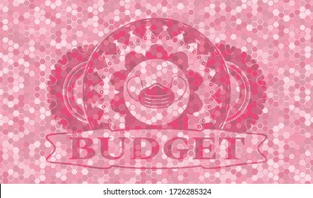 Face mask icon and Budget text pink color tile mosaic pattern realistic badge. Geometric hexagon luxurious background. Vector illustration. 