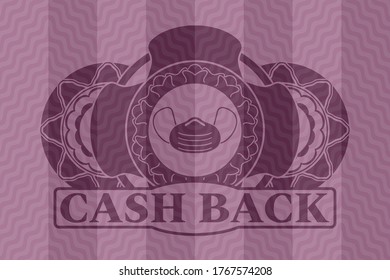 Icono de máscara facial y emblema ondulado rosa de texto de devolución de efectivo. Fondo curvo elegante. Ilustración artística. 