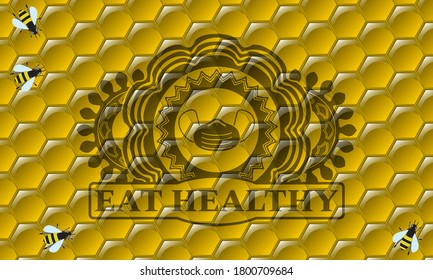 Face mask icon and Eat healthy text sweet honey bees emblem.beekeeping luxurious background. Vector illustration. 