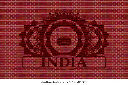 Face mask icon and India text brick stone wall realistic emblem. Tiles fashionable background. Intense illustration. 