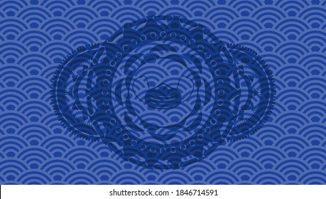 Face mask icon inside blue japan style realistic badge. Geometric classic background. Intense illustration. 
