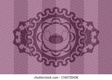 Face mask icon inside pink wavy realistic badge. Curve fashionable background. Intense illustration. 