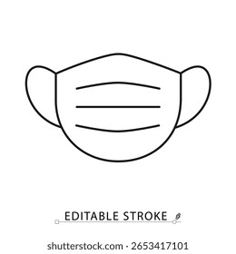 Um ícone de máscara facial em estilo minimalista com traçado editável. Proteção médica, equipamento cirúrgico, segurança sanitária, defesa contra vírus, barreira respiratória, ferramenta hospitalar, esboço de ilustração vetorial.