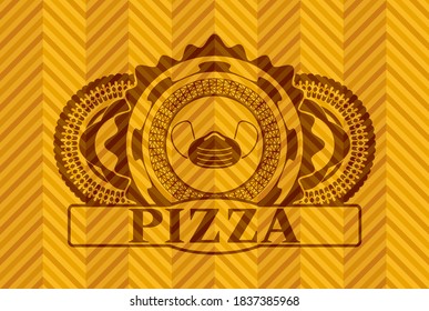 Gesichtsmaske Symbol und Pizza Text abstrakte orange Farbe Emblem. Geometrischer, luxuriöser Hintergrund. Vektorgrafik. 
