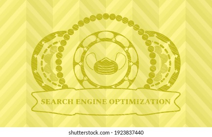Icono de máscara facial y texto Optimización del motor de búsqueda Símbolo de trazo amarillo. Fondo de diseño limón. Ilustración artística. 