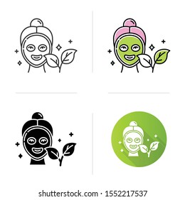 Face mask icon. Skincare routine. Plant-based. Beauty product. Facial healing treatment. Hydrating, cleansing. Organic cosmetics. Flat design, linear and color styles. Isolated vector illustrations