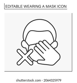  Face mask line icon. Touching medical masks with dirty hands. Covid19. Healthcare concept. Isolated vector illustration. Editable stroke